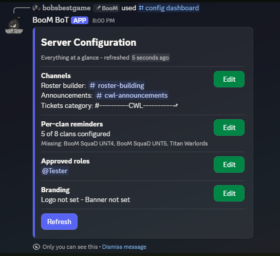 The server configuration dashboard