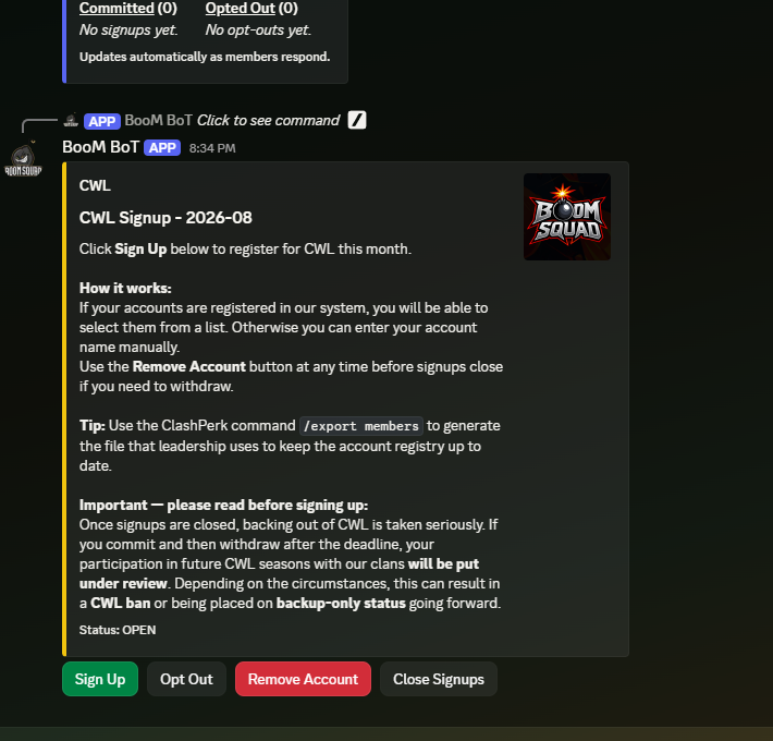 A CWL signup post with its live status card